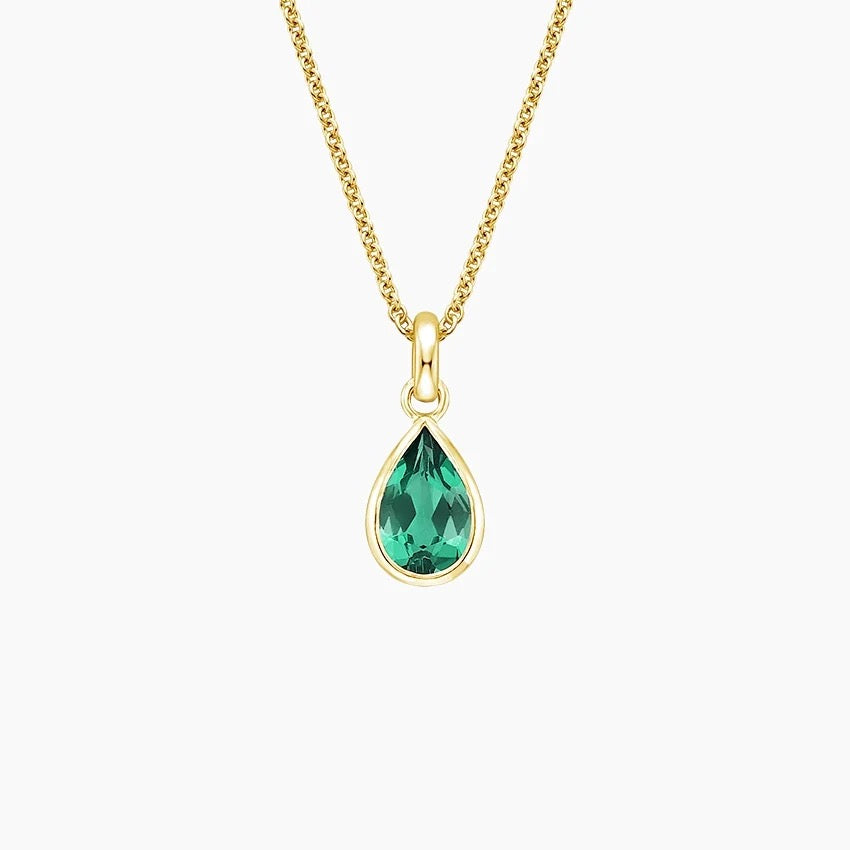 Teardrop Lab Emerald Pendant in 14K Yellow Gold