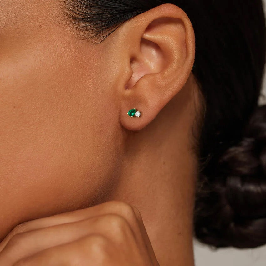 Pear Lab Emerald and Round Lab Diamond Toi Et Moi Earrings (1/10 ct. tw.) in 14K Yellow Gold