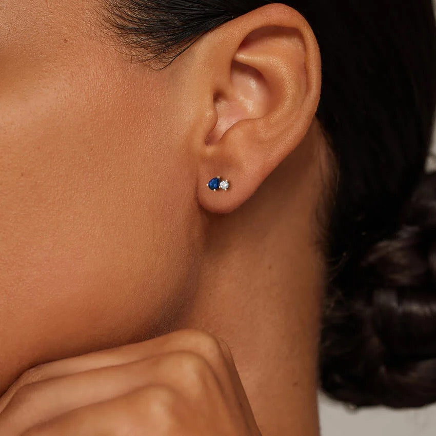 Pear Lab Sapphire and Round Lab Diamond Toi Et Moi Earrings (1/10 ct. tw.) in 14K Yellow Gold